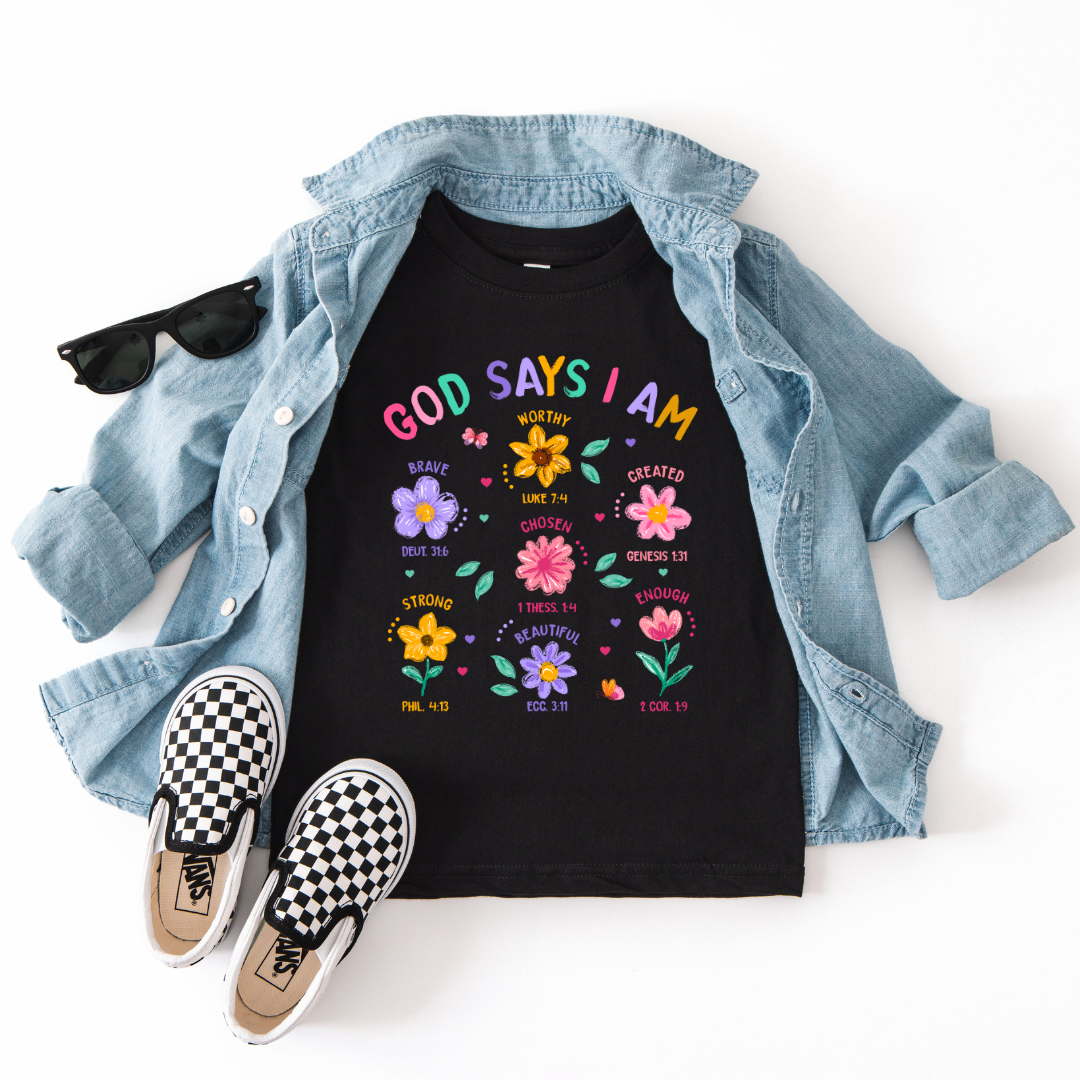 GOD SAYS I AM ( FLORAL ) - Unisex Kids Crew T-Shirt - Made to Order