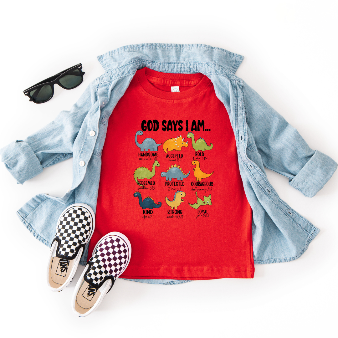 GOD SAYS I AM  ( DINO )  - Unisex Kids Crew T-Shirt - Made to Order