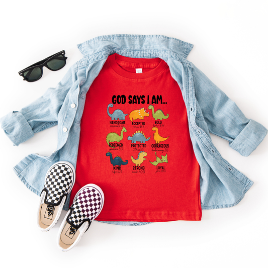 GOD SAYS I AM  ( DINO )  - Unisex Kids Crew T-Shirt - Made to Order